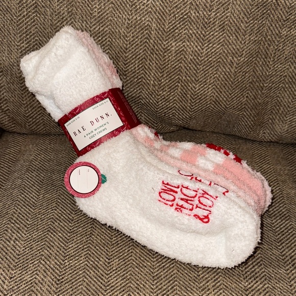 Rae Dunn Accessories - NWT Rae Dunn Christmas Holiday 4pk cozy White/Pink Cozy Socks Women’s Peace Love